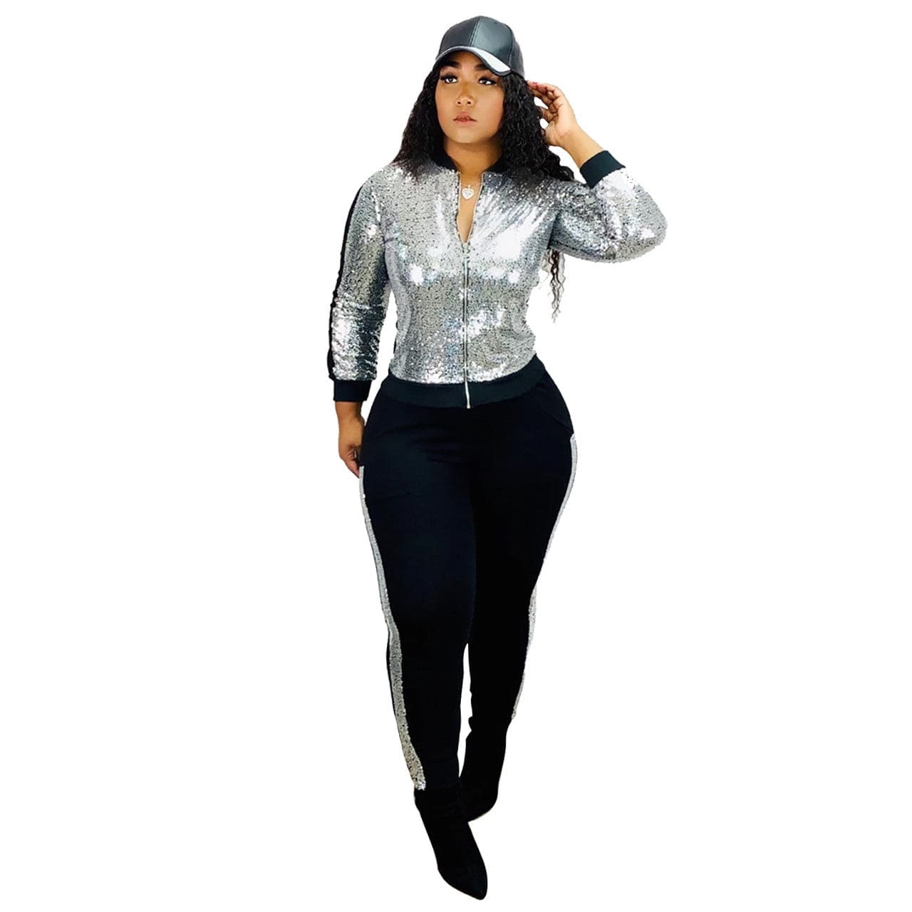 2 XL / #01 2 Piece Night Clubwear Outfits for Women Long Sleeve Zipper Top and Shiny Stripe Pants Glitter Clubwear