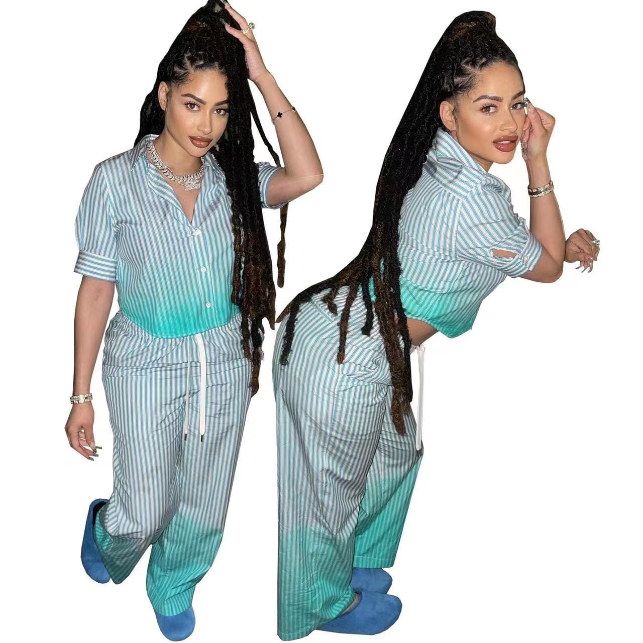 2 XL / 01 J&H 2023 new arrivals gradient striped outfits 2 piece pants set women short sleeve button shirts top set fashion casual wear