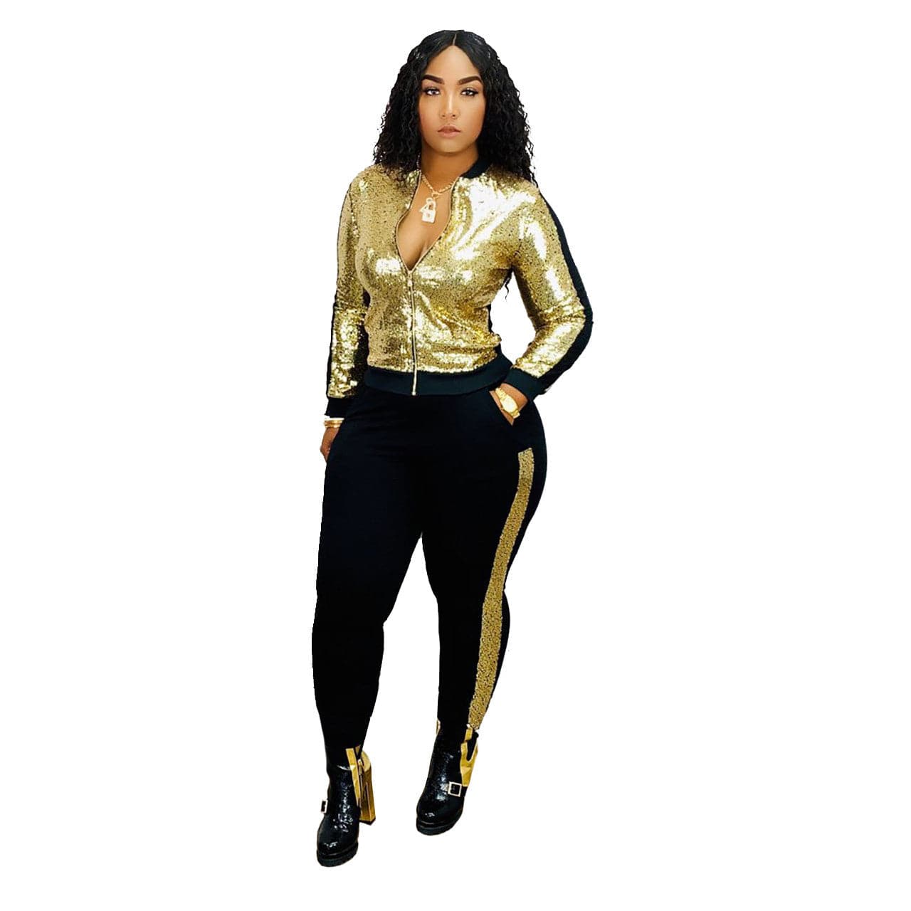 2 XL / #02 2 Piece Night Clubwear Outfits for Women Long Sleeve Zipper Top and Shiny Stripe Pants Glitter Clubwear