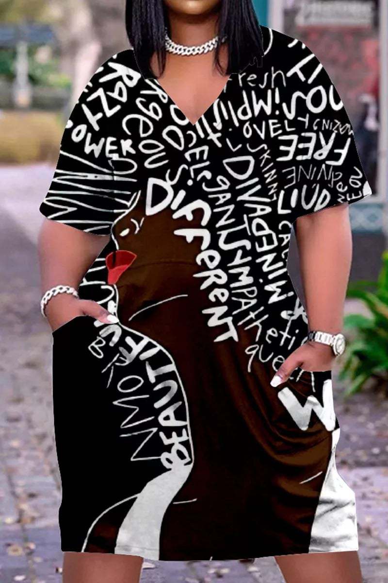 2 XL / 11 2023 summer trendy 3D Printed Fashion Casual Loose Plus Size Women's V-Neck half Sleeve midi Dress