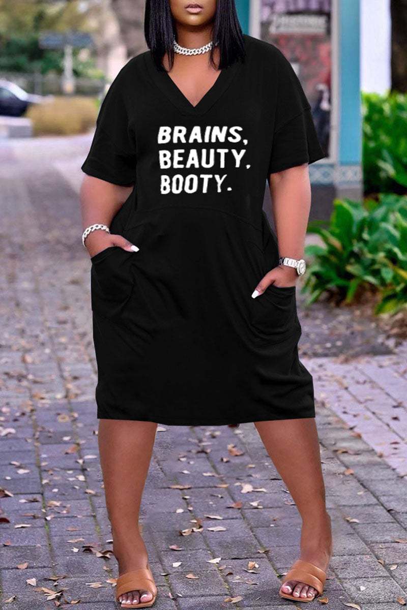 2 XL / 15 2023 summer trendy 3D Printed Fashion Casual Loose Plus Size Women's V-Neck half Sleeve midi Dress