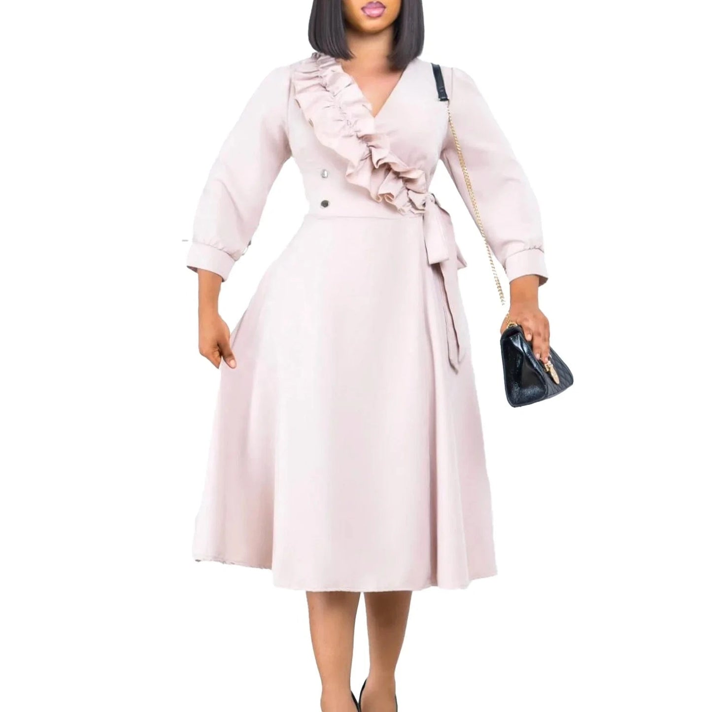 2 XL / 2 J&H Latest Design Elegant Casual Dresses Women Fashion Solid Color Ruffle V-neck Ruched A-line Spring Dresses Women 2024