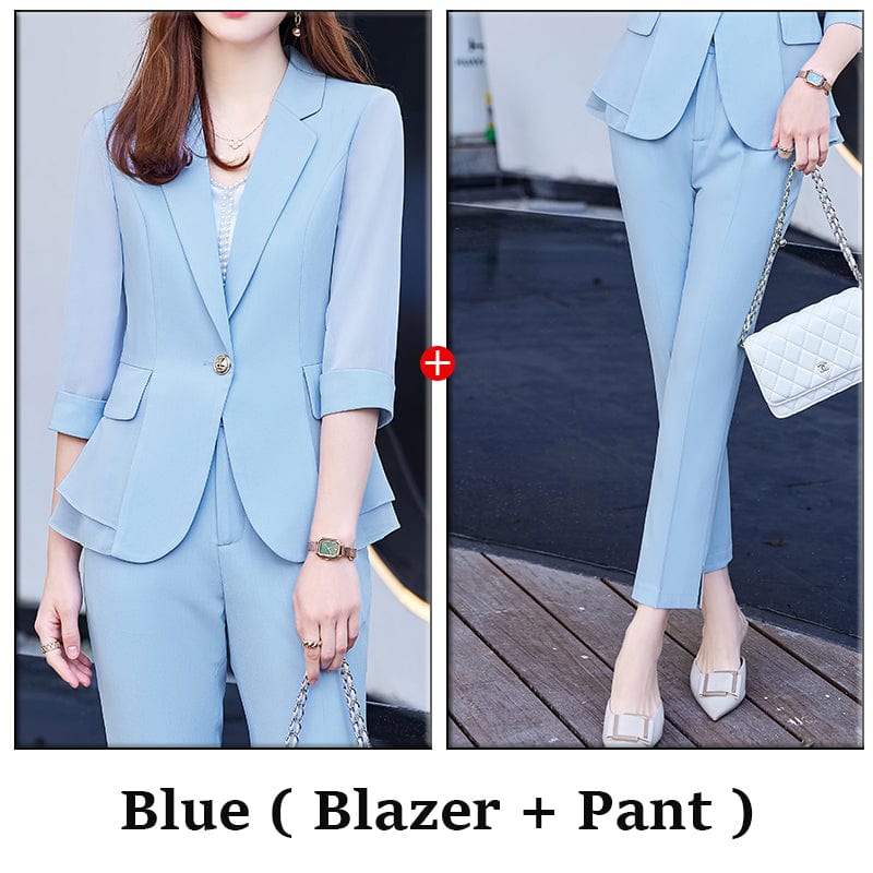 2 XL / 2 Piece Blue Pant Suit Wholesaler Two Piece Set Summer Women Elegant Pant Suits Half Sleeve Blazer Business Office Lady Work Wear Fashion Outwear
