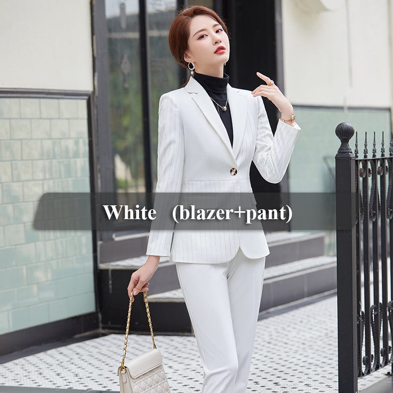 2 XL / 2 Piece white pant Suit OEM High-Quality 2 Piece Set Stripes Formal Pant Suit Blazer with Pockets Office Lady Designs Women Jacket and Trousers