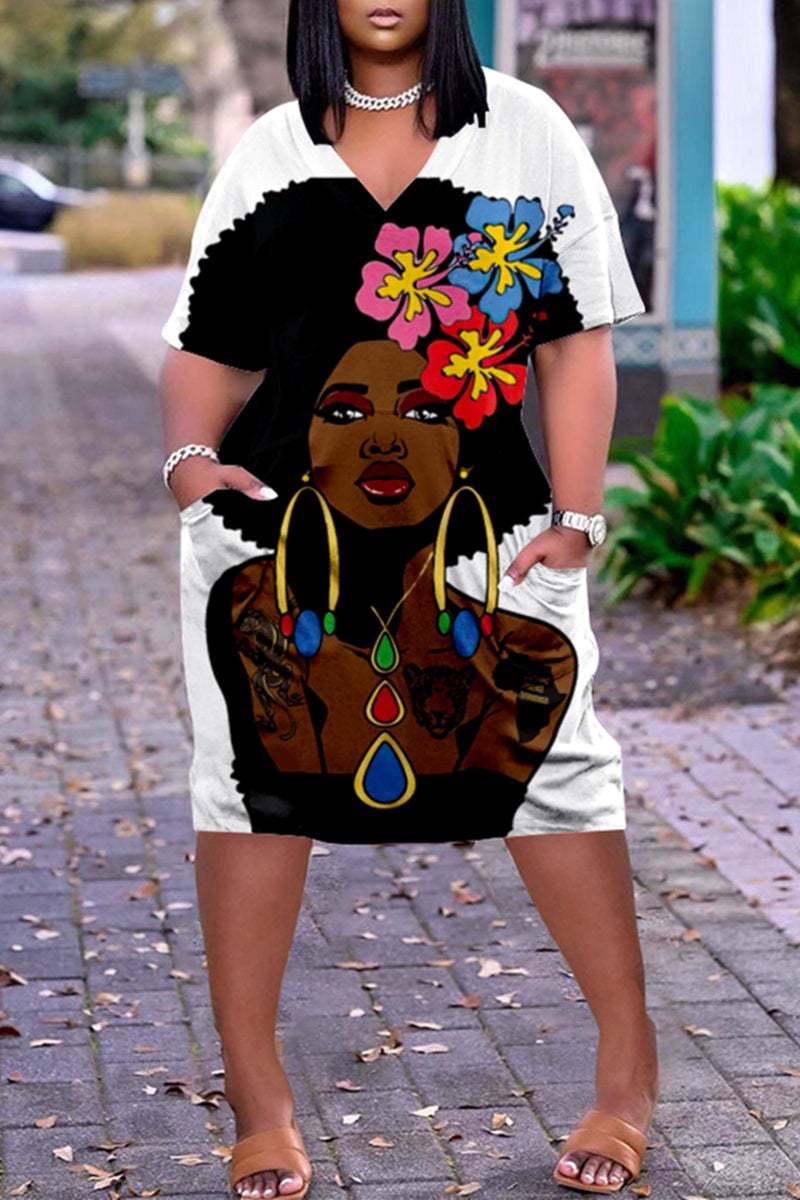 2 XL / 3 2023 summer trendy 3D Printed Fashion Casual Loose Plus Size Women's V-Neck half Sleeve midi Dress