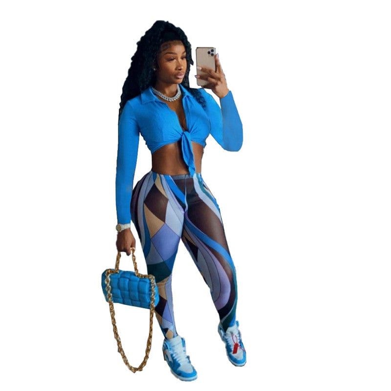 2 XL / #6-blue 2022 Fall long sleeve crop top two piece pants set fashion printed women leggings and top set