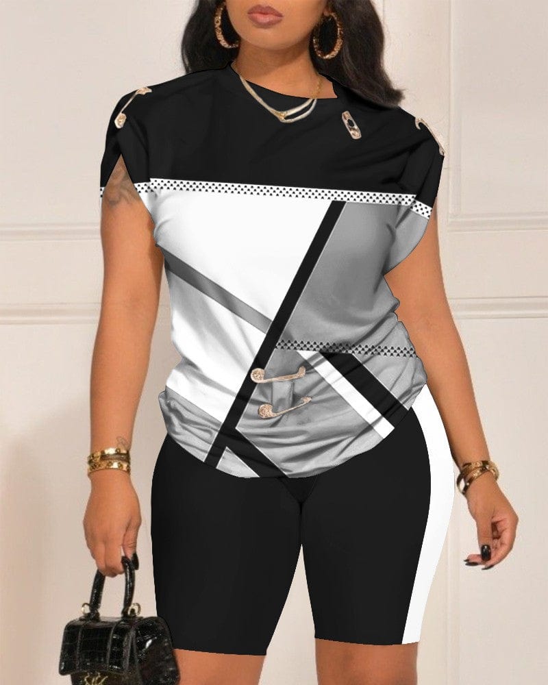 2 XL / 6 Plus size women's set digital printed blessed t shirts with pin summer camouflage shorts 2 piece set women active wear