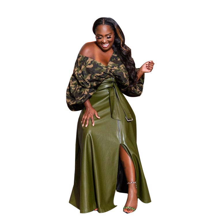 2 XL / Army Green Sharee America Size Clothing Elegant High Waist Pu Leather Skirt Split Long Skirts For Women