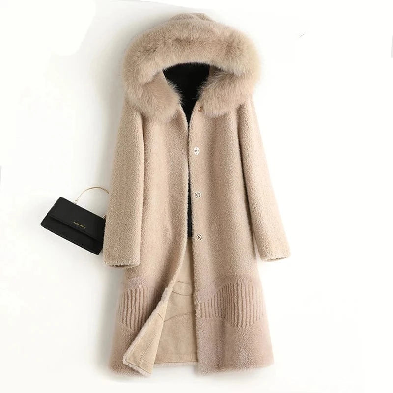 2 XL / Beige A50055 Pudi women real wool fur coat jacket trench with fox fur collar winter warm female sheep shearing over size parkar coats