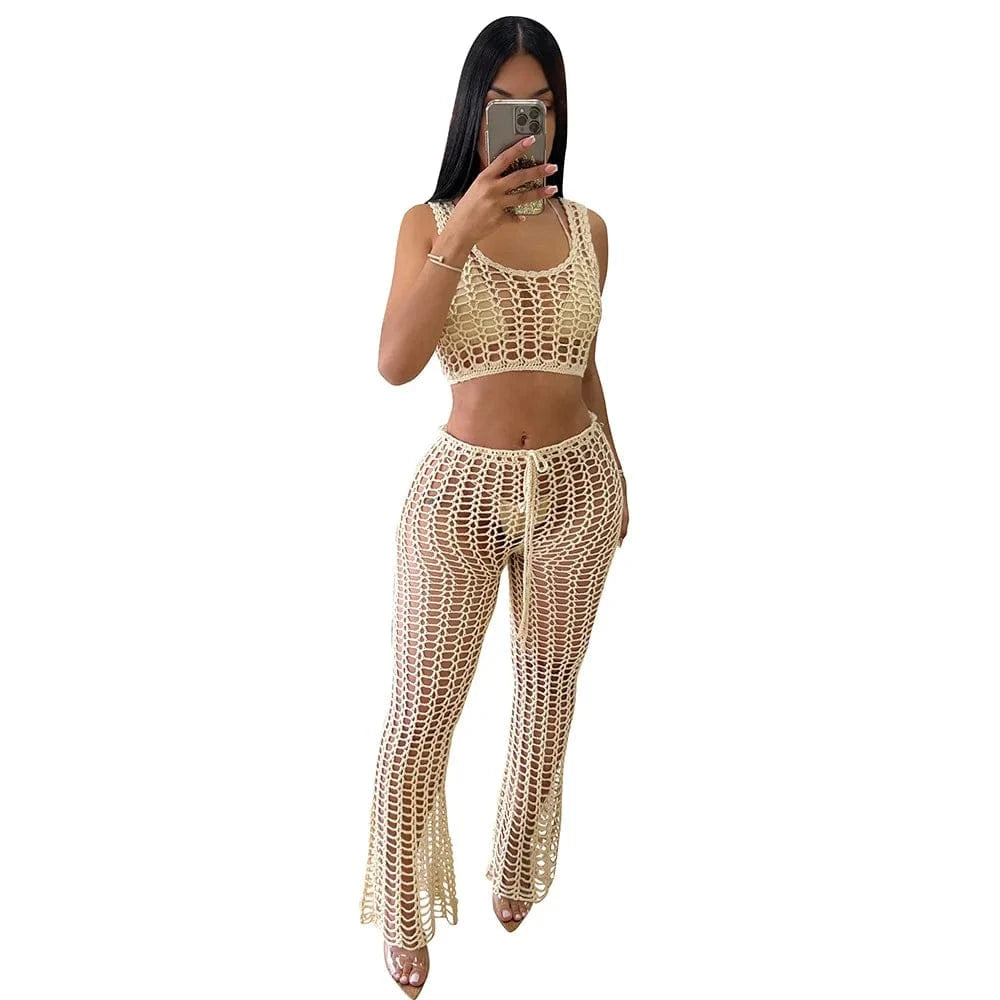 2 XL / Beige New Arrivals Summer Sexy Crochet Hollow Out Set Clothing Ladies Wide Leg Two Piece PantS Set Outfits Joggers