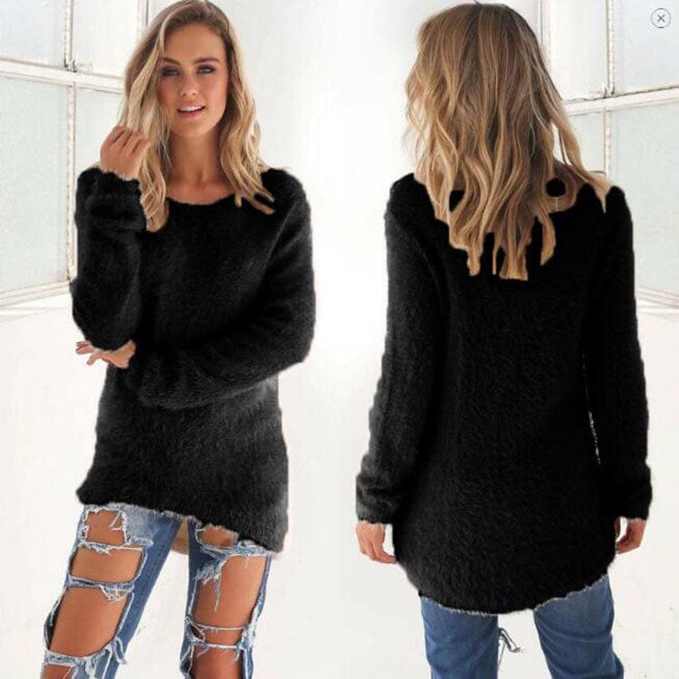 2 XL / black 2022 Fall Fashion Ladies Solid Color Fleece Loose Sweater Top Women Winter Crewneck Long Sleeve Pullover Warm Sweaters for Woman