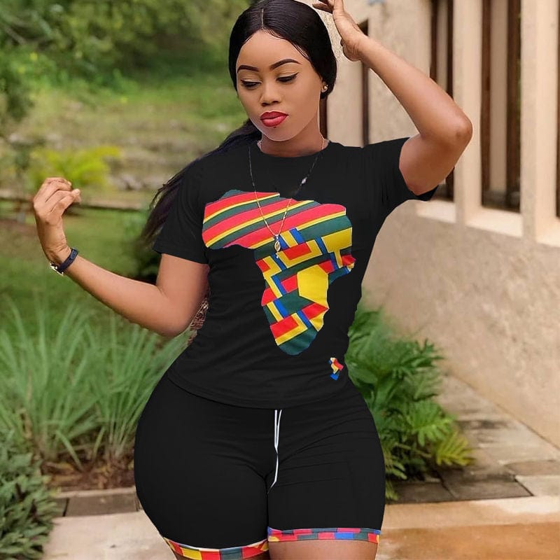 2 XL / black 2022 New Arrival African American Camouflage T shirt With Shorts Two Pieces Set Women Clothing Sports Workout Fashion Outfit