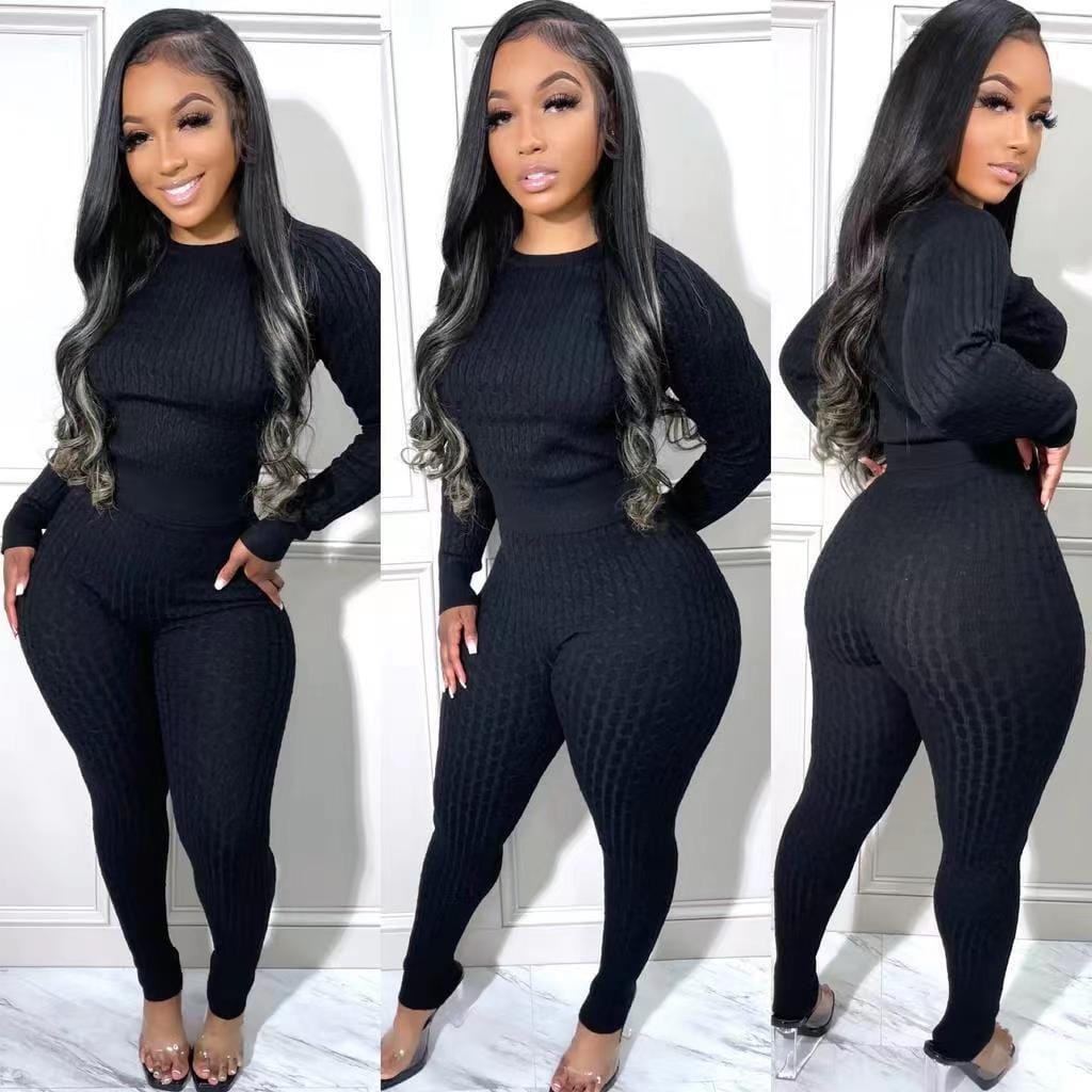 2 XL / black 2022 New Womens Clothing Knit Sweater Suits Two Piece Pants Set Women Sweater Suit Two Piece Pants Set