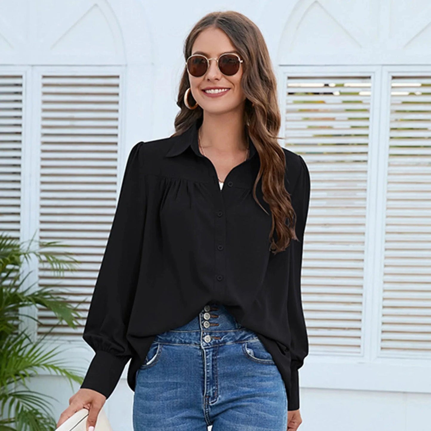 2 XL / Black 2023 Popular European and American Women's clothing Spring and Autumn New Chiffon shirt Women's shirt pleated long-sleeved shirt