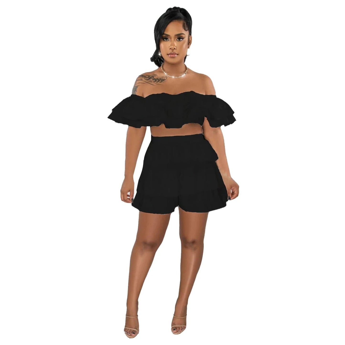 2 XL / Black 2023 summer ruffle short sets for women clothing casual crop top 2 two piece short set
