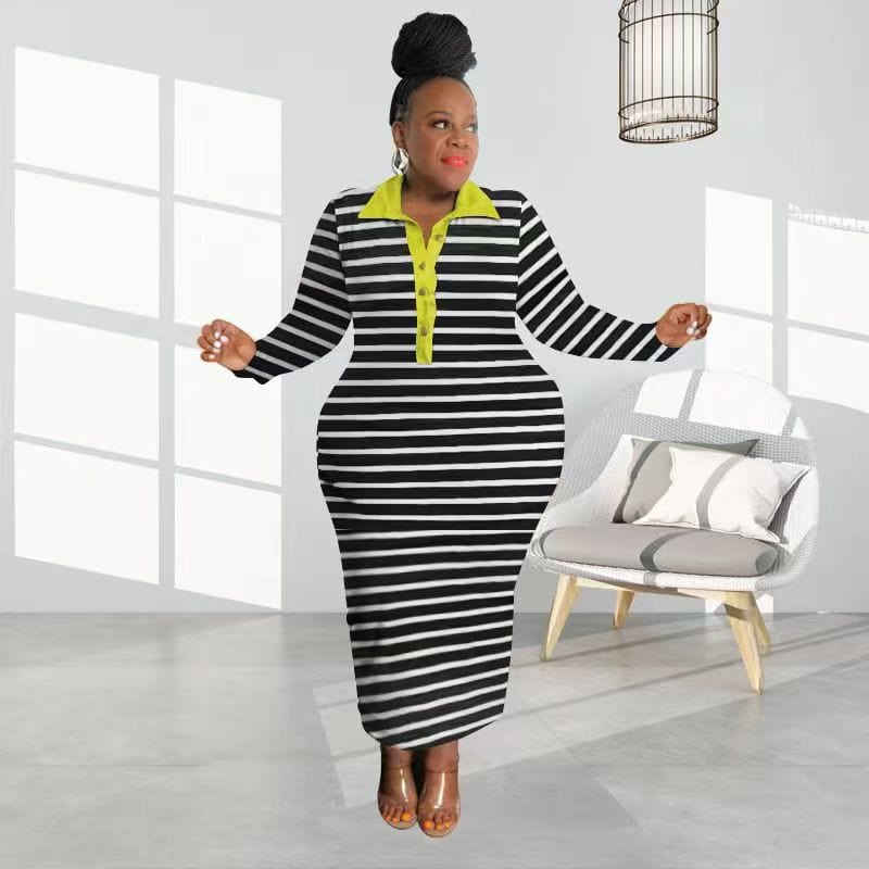 2 XL / black African Women Plus Size Striped Long Dress Evening Bodycon Cocktail Prom Gown Party