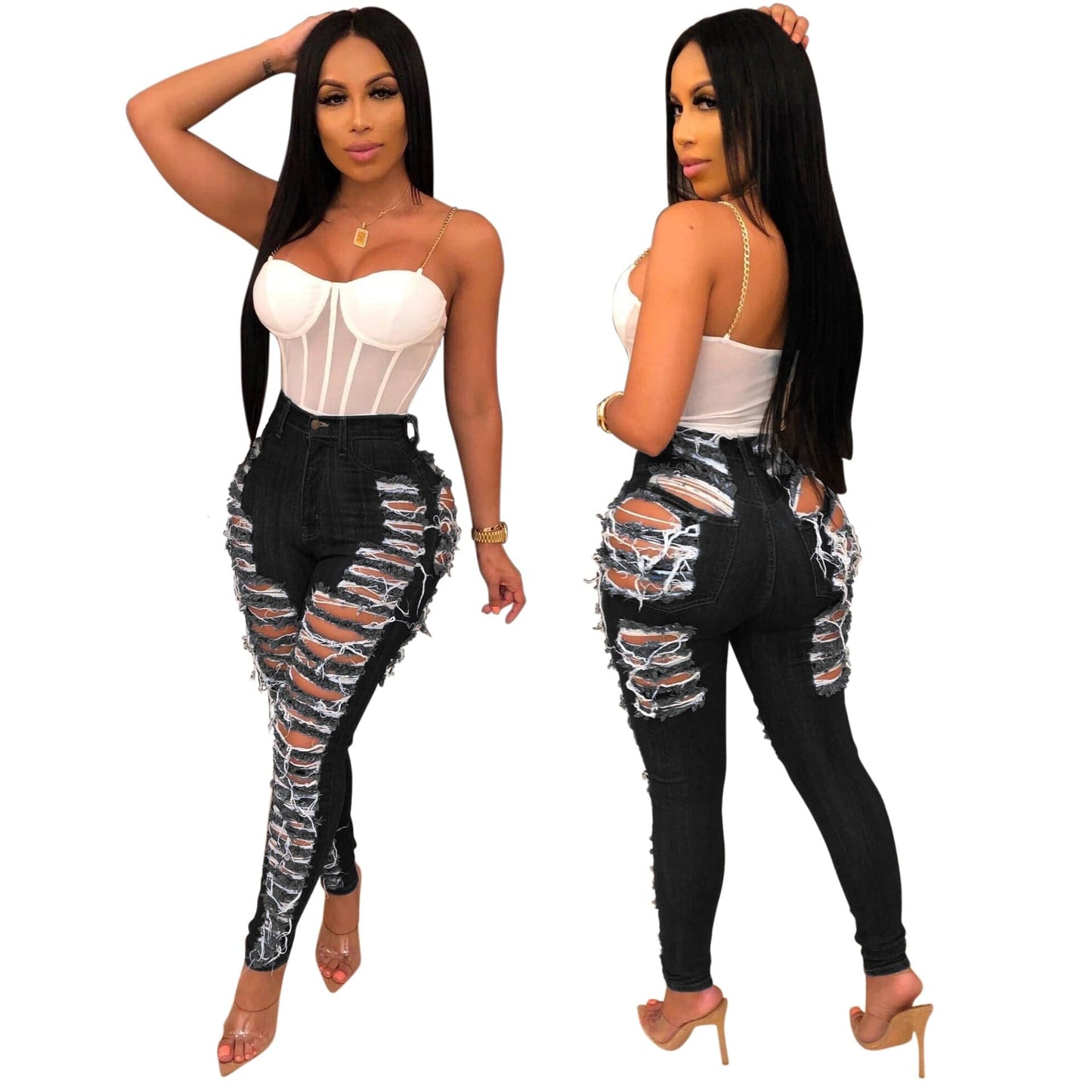 2 XL / black BA389 Stylish S-3XL best quality Amazon hot selling pretty fashion sexy bodycon denim fabric women's ripped jeans