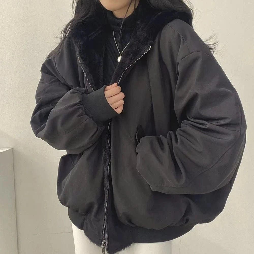 2 XL / Black High Quality New Fashion Warm Hooded Jacket Thickened Double-sided Women's Clothing Winter 2024