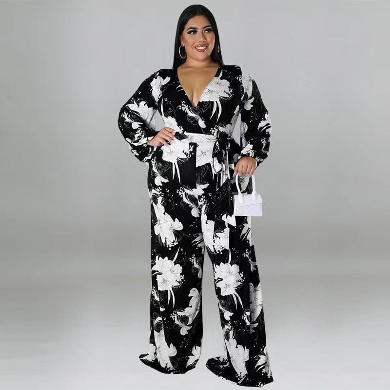 2 XL / black J&H 2023 new arrivals plus size fall women clothes sexy v neck palazzo pants suits chic floral print wide leg jumpsuits casual