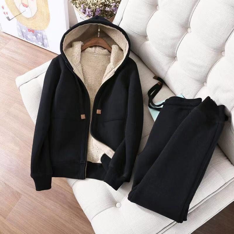 2 XL / black Large size sports suit with velvet padding for women Autumn/Winter 2022 new bf Korean casual 2 piece winter fashion set
