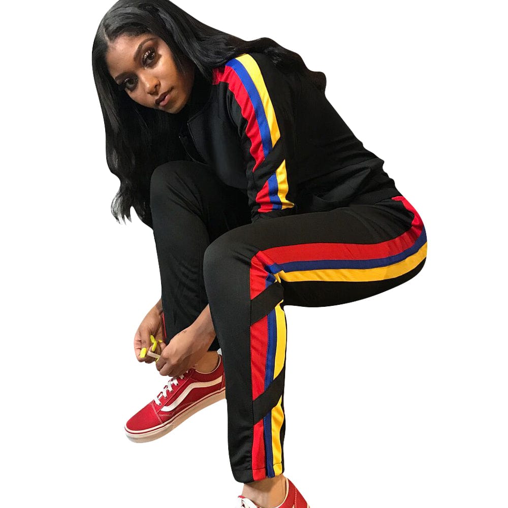 2 XL / Black MNL1059 autumn winter new sports zipper long sleeved side striped trousers solid color jogging 2 piece set women sweatsuit set