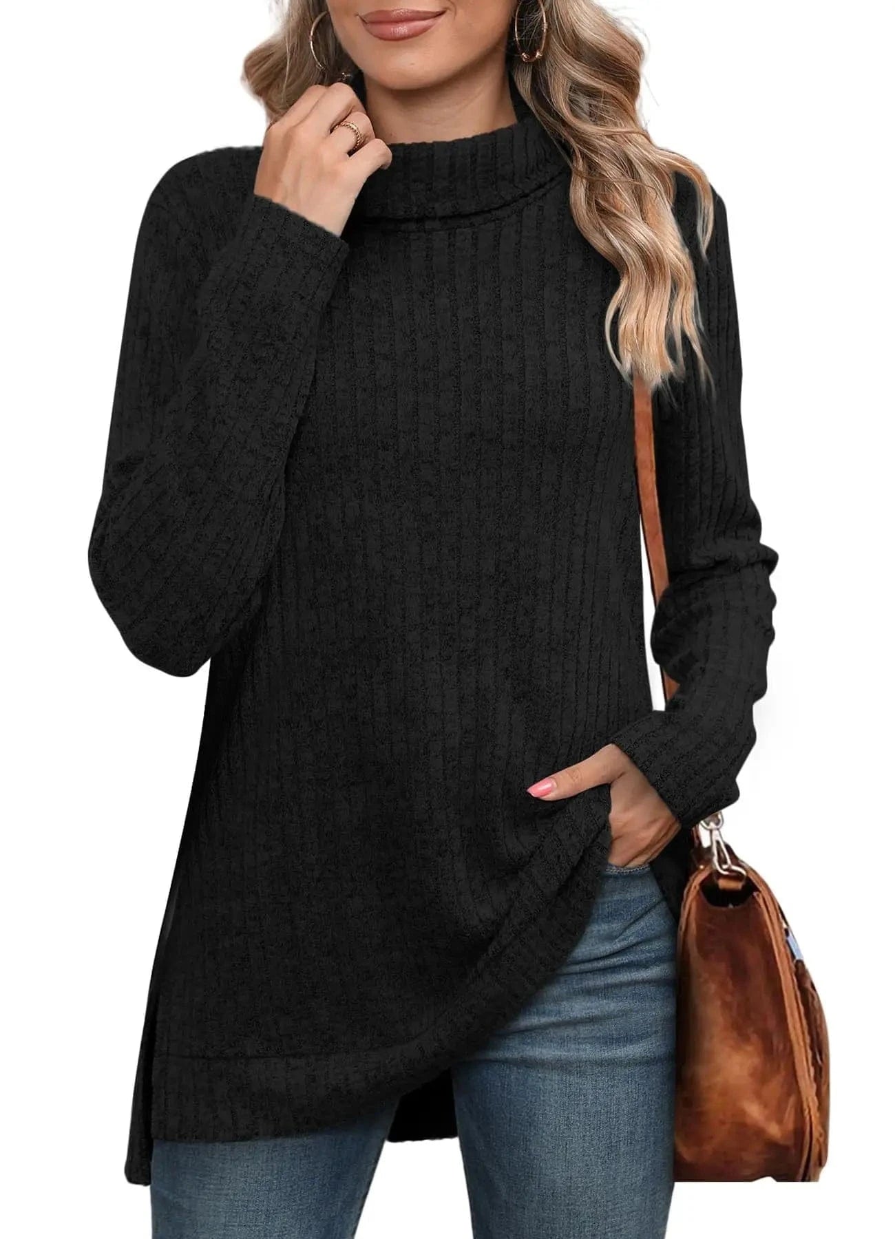 2 XL / Black New European and American Autumn and Winter High collar neck side split Solid color Long sleeve T-shirt  women's clothing
