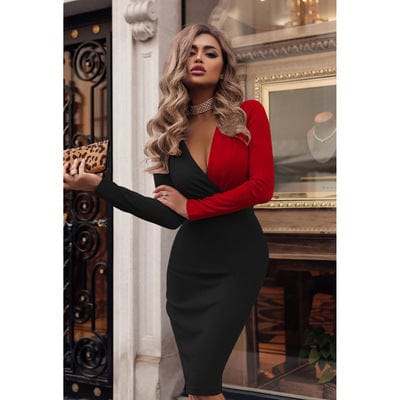 2 XL / black+red Woman Spring Dress Long Sleeve Party Dress Deep V Neck Bodycon Dresses Fashion Black White Color Matching Office Lady Bodycon