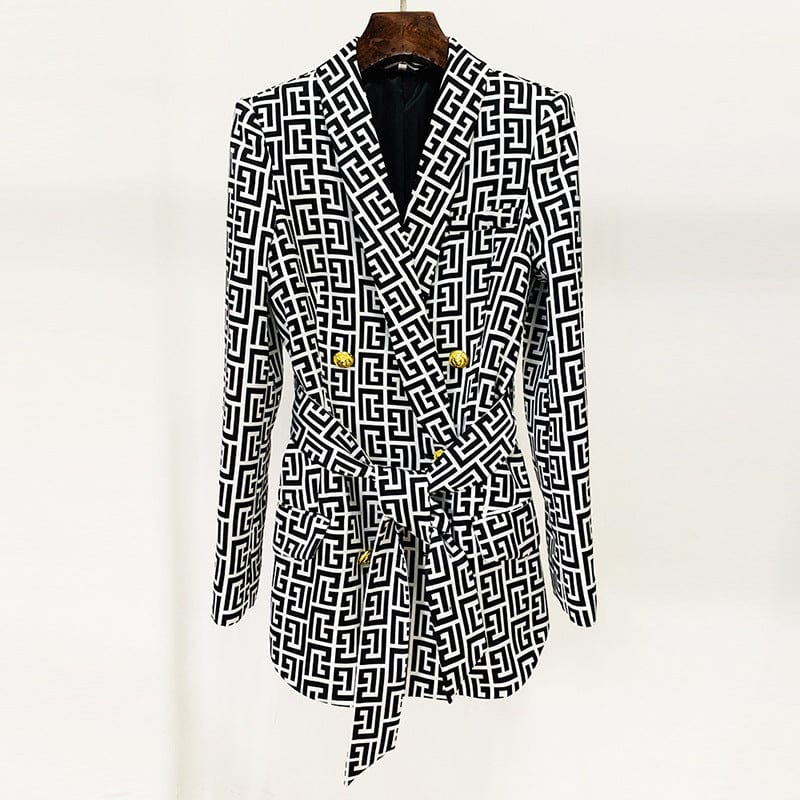 2 XL / black-TOP OUDINA Fashion Printing Stripe Colors Contrasting Suits For Ladies Double Breasted V Neck Belt Women's Suits & Tuxedo