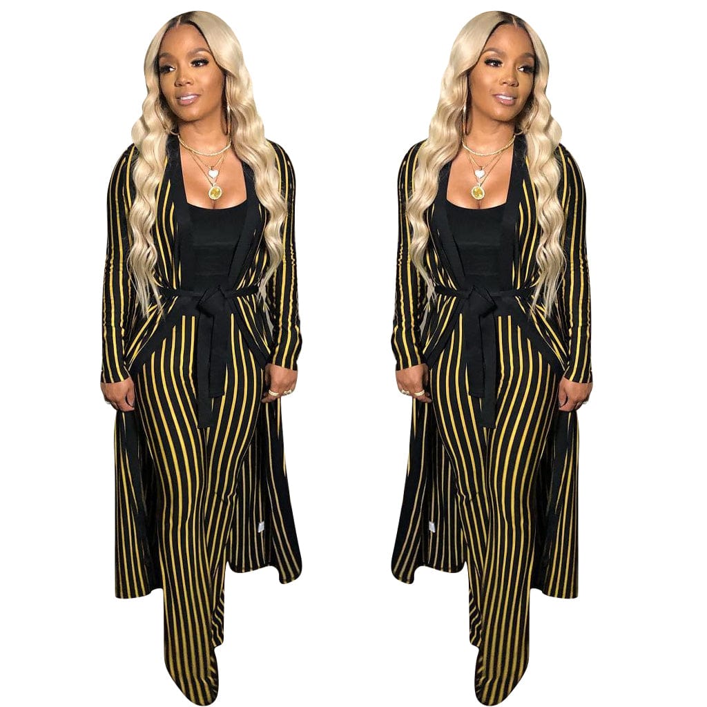 2 XL / black Trendy Women Clothes Fashion Stripe Print Long Sleeve Pant Two Piece Set(With Waist Belt)