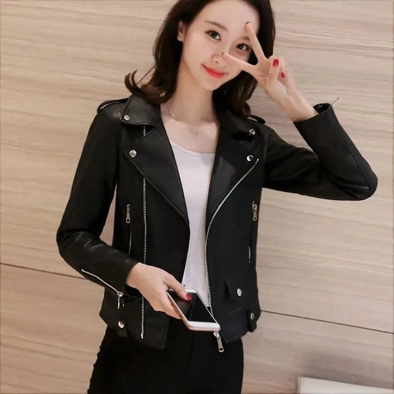 2 XL / Black Wholesale Spring Autumn Clothing Ladies Pu Leather Women Short Slim Small Coat Motorcycle Clothing Leather Jacket