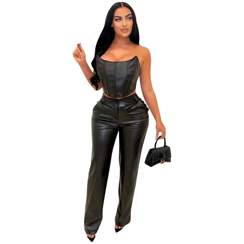 2 XL / Black women 2024 new arrivals sexy faux pu leather tube top and pants 2pc 2 two piece set clothing clothes outfit for women ladies