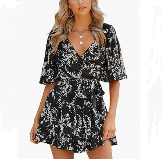 2 XL / Black Womens Summer Short Sleeve V Neck Floral Print Dress New Women Chiffon Belt Dress