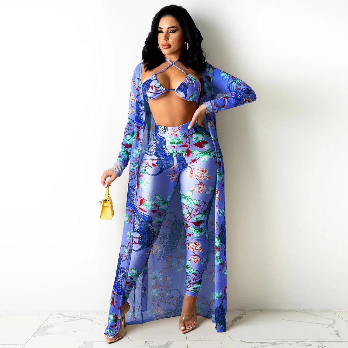 2 XL / Blue Bra Tops Cover Up Belted Three Piece Ladies Nighty Pajamas Sexy Lingeries Vendor Nightclub Pants Set Club Outfits For Women Sexy