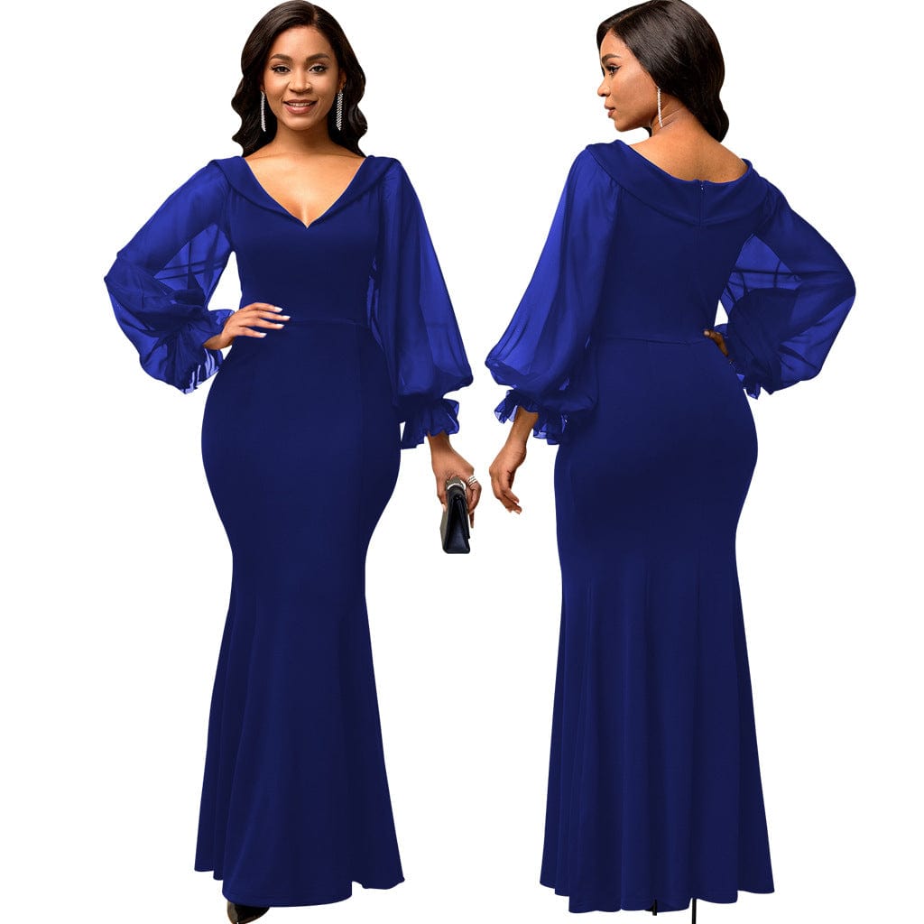 2 XL / Blue C1103TA22 Dropshipping Elegant Solid Color Sheer Mesh Sleeve Bodycon Ladies Evening Dress Sehe Fashion