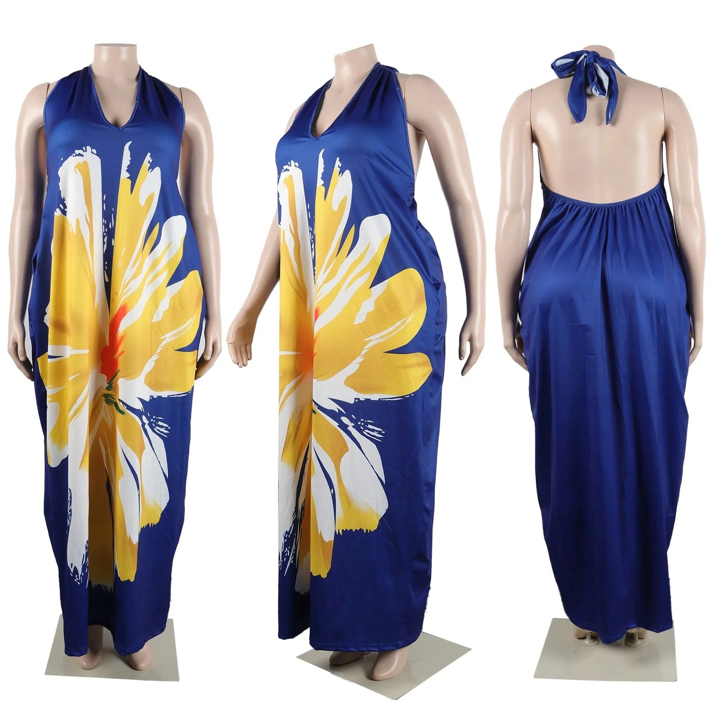 2 XL / Blue Casual Plus Size Printed Halter Backless V Neck Maternity Dress Pregnant Women