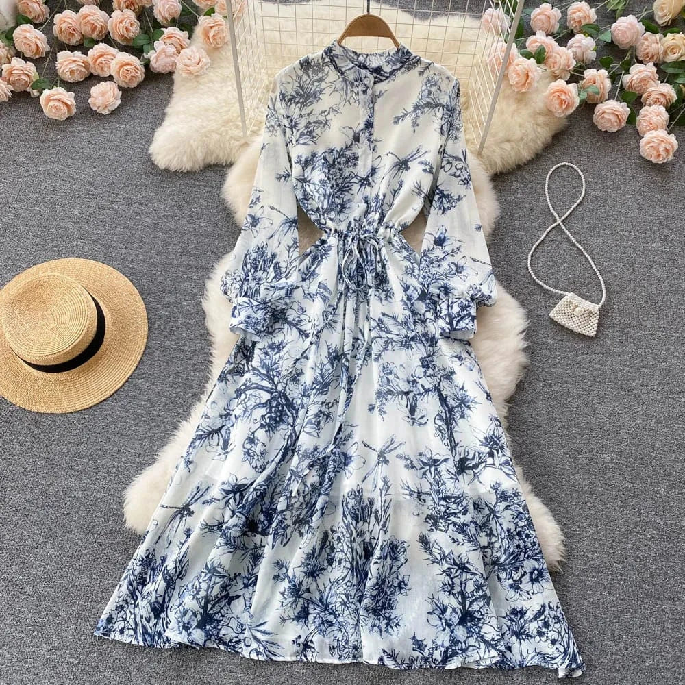 2 XL / Blue Ink Print Long Dress Buttons Drawstring Full Sleeves Dress Women Retro Casual Shirt Dress
