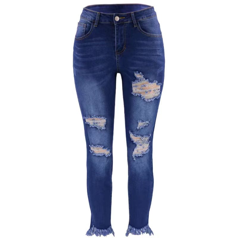 2 XL / Blue J&H 2023 fall fashion distressed jeans women casual hollow out fringe denim pants chic casual slim fit trousers