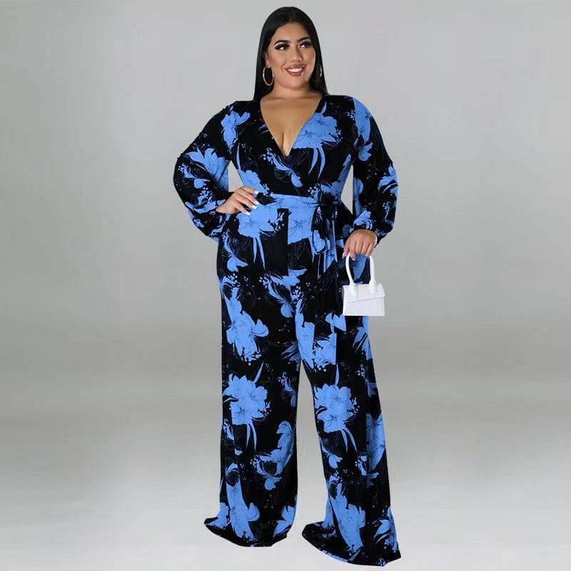 2 XL / Blue J&H 2023 new arrivals plus size fall women clothes sexy v neck palazzo pants suits chic floral print wide leg jumpsuits casual