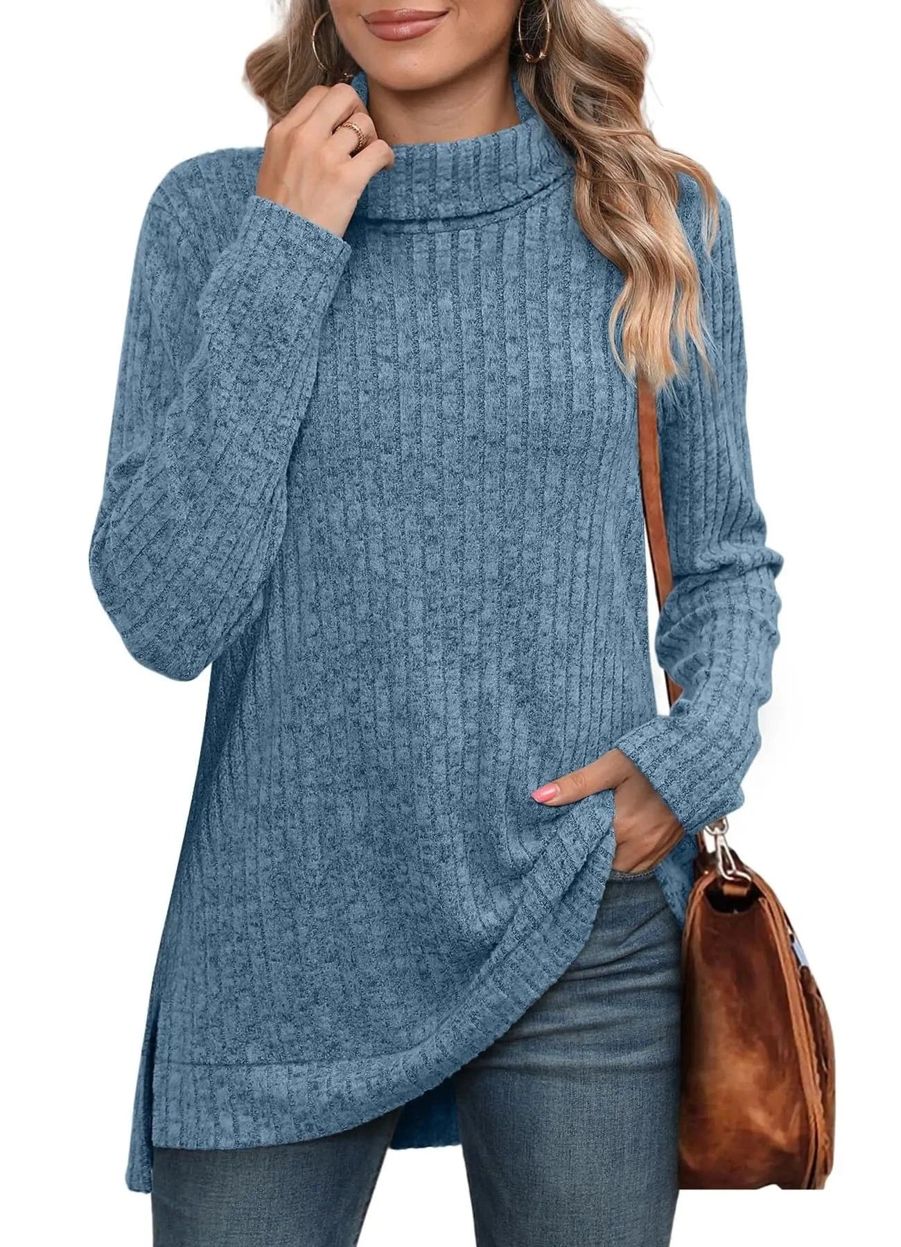 2 XL / Blue New European and American Autumn and Winter High collar neck side split Solid color Long sleeve T-shirt  women's clothing