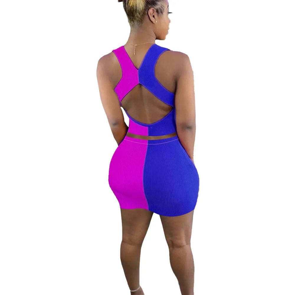 2 XL / Blue Patchwork Skirt 2 Piece Women Matching Back Cut Out Mini Set Dress Tank Top Skirt Set Women Clothing Summer Knit Top Skirt Set