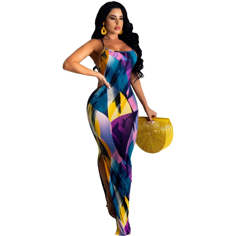 2 XL / Blue Purple Z86033 New Print Spaghetti Strap dresses womens elegant casual vintage maxi dress