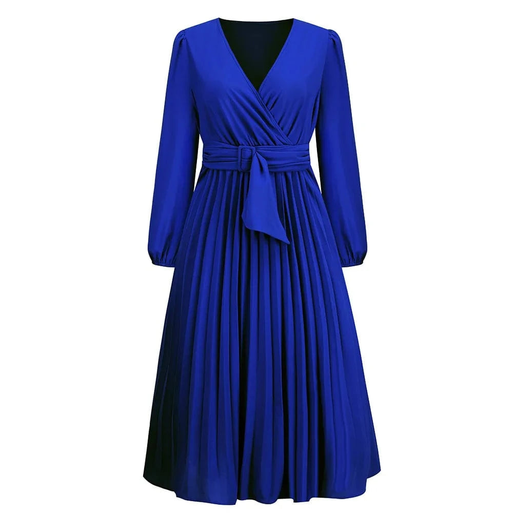 2 XL / Blue Spring Autumn New Long Sleeve Slim Pleated Belt V-neck Women's A-line Dress Lantern Sleeve Evening Women Elegant Dresses
