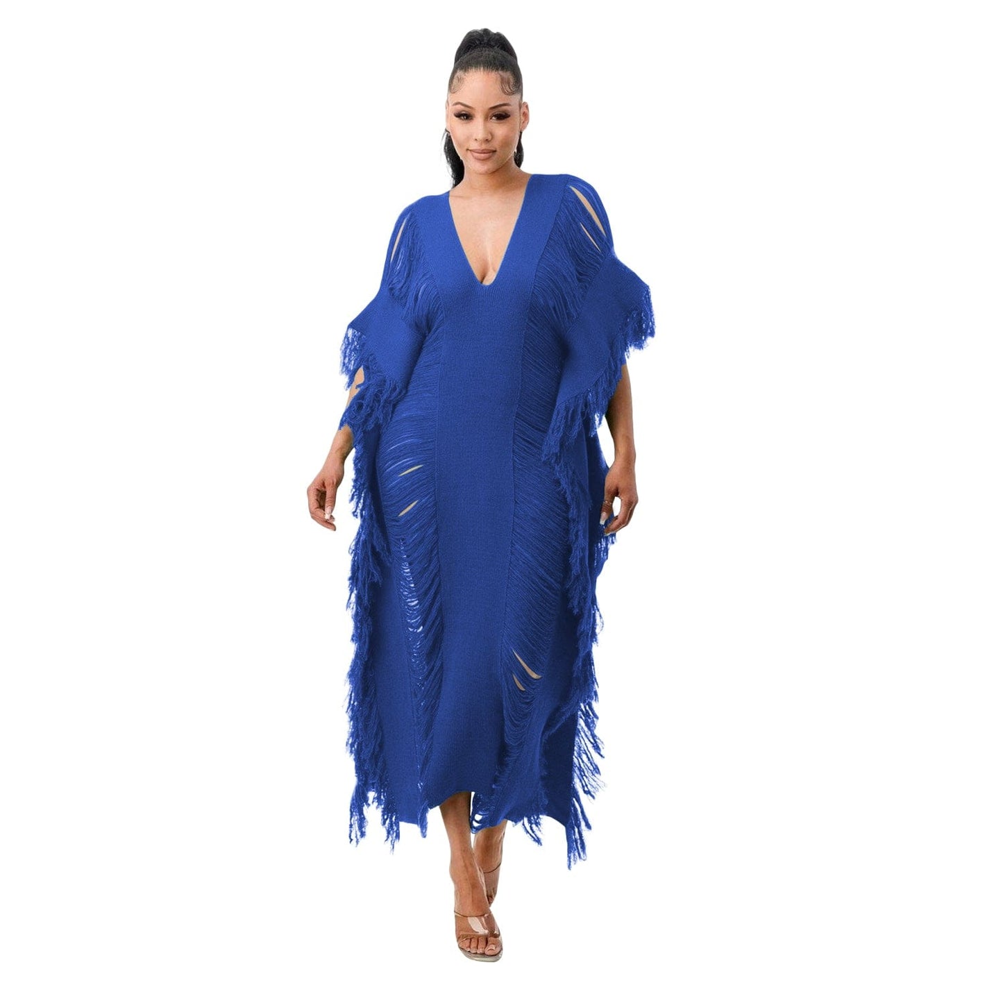 2 XL / Blue Trendy Women Clothes Solid Color Manual Knitted Sheer Fringed Dress