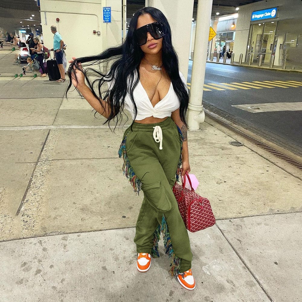 2 XL / Brown OUDINA Fashion Clothing Solid Color Pant Casual Fringed Trousers Tassel Jogger Women Sweat Pants