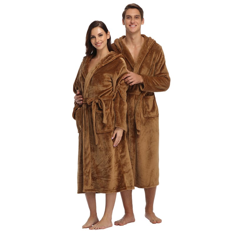 2 XL / Brown unisex winter warm soft terry cloth flannel bathrobes women's warm plus size 1 piece long sleeve robe pajama gown for women