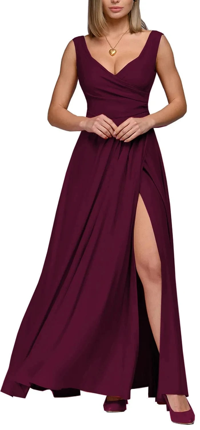 2 XL / Burgundy 2023 Summer Fashion Women's Clothing Solid Color Sleeveless V-neck Dress Temperament Sexy Women's Casual Split Dress