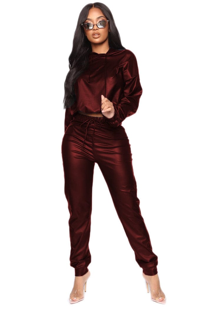 2 XL / Burgundy M2502-spring sets women 2023 pu leather set women clothing solid color casual outfits