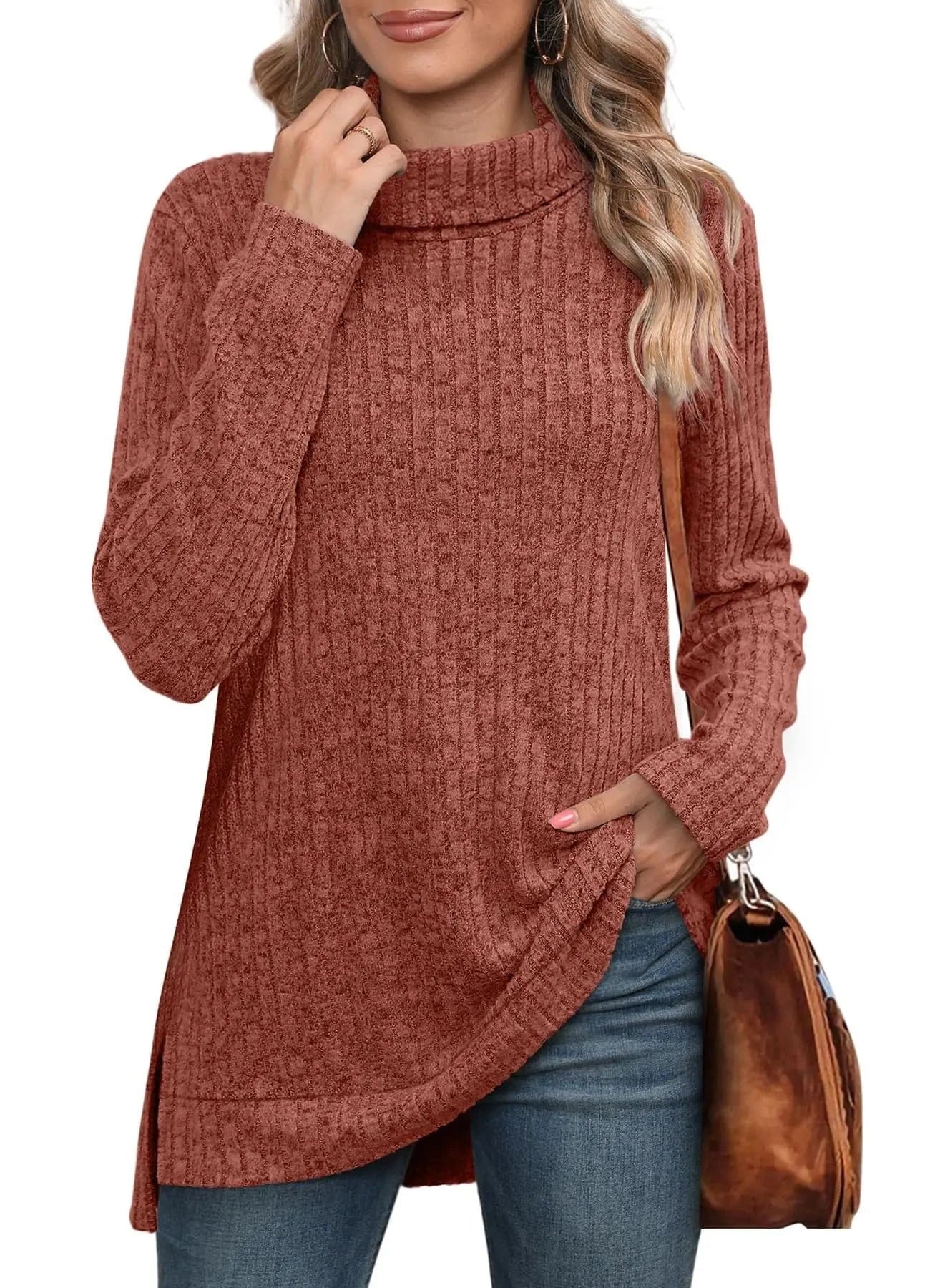 2 XL / Burgundy New European and American Autumn and Winter High collar neck side split Solid color Long sleeve T-shirt  women's clothing
