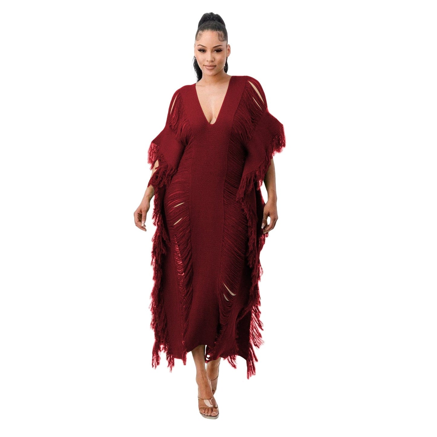 2 XL / Burgundy Trendy Women Clothes Solid Color Manual Knitted Sheer Fringed Dress