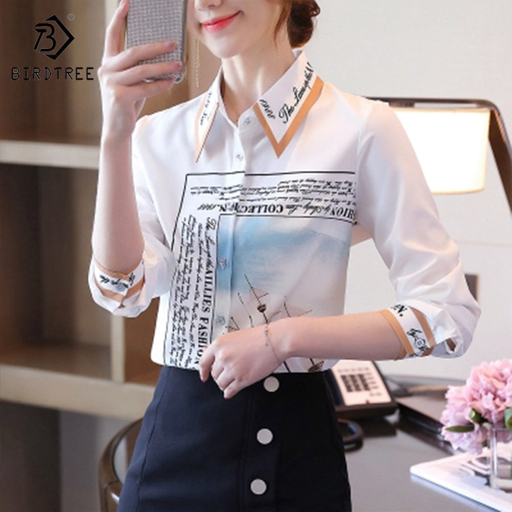 2 XL / Champagne Women's Long Sleeve Shirts Elegant Creative Printed Casual Loose Blouses Chiffon Shirt Tops Autumn Spring